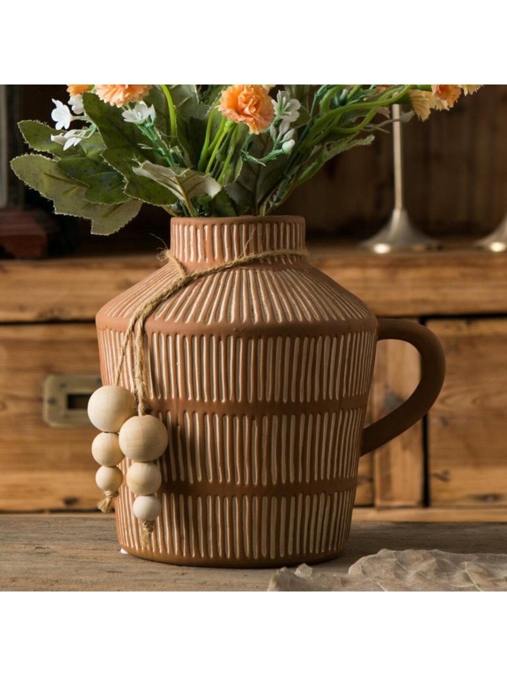 Rustic Terracotta Vase with Handle & Boho Beads | Farmhouse Home Decor Accent